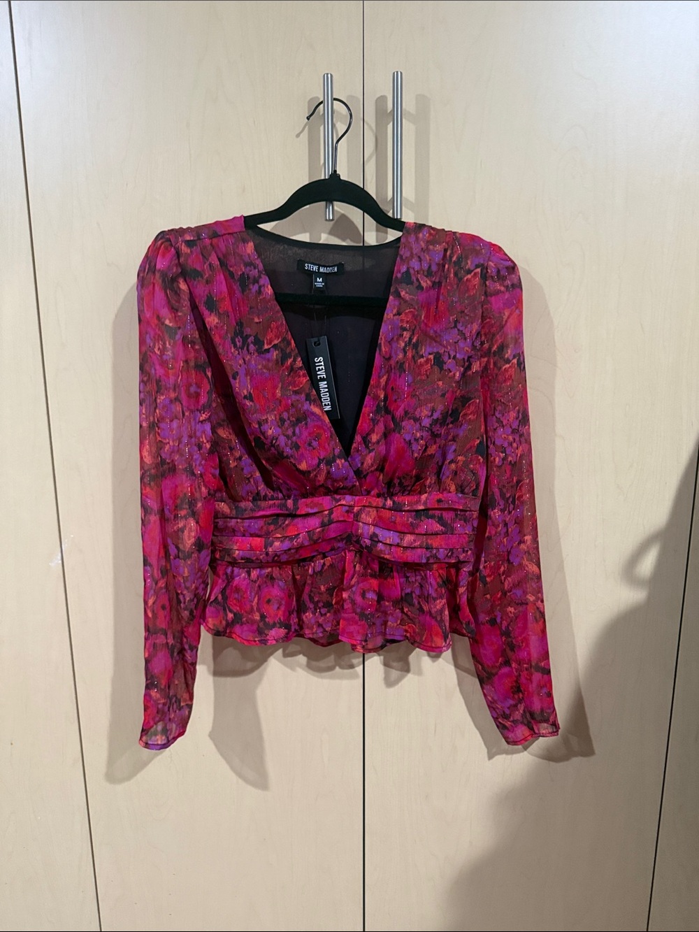 Steve Madden Fuchsia Floral Wrap Peplum Blouse